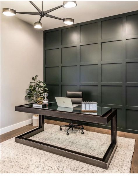 Home Office Ideas Dark Green Walls, Office With Feature Wall, Man Office Accent Wall, Gray Green Office Walls, Green And Black Home Office, Dark Bedroom Office, Green And Black Office Design, Office Space Colors, Home Office Wall Paneling