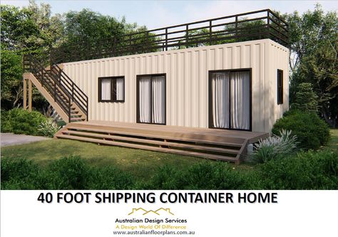 "SHIPPING CONTAINER HOME - 40-foot container Shipping Container | Cargo Container house plans Great | accessory dwelling unit / Granny Flat Concept Plans for Home Design #40RH Liberty 1 Bedroom + Combination Bathroom / Laundry + Living Room + Front Deck + Roof Access Complete architectural Concept Plans for an easy to build Shipping Container Home with roof access, large windows for natural light.  Comprising Bedroom plus living area.  Combination bathroom and laundry.  front patio to the front Shipping Container Sheds, Design Consideration, Container Home Designs, Cargo Container House, Container Shipping, Shipping Container House Plans, Accessory Dwelling Unit, Cargo Container, Shipping Container Home