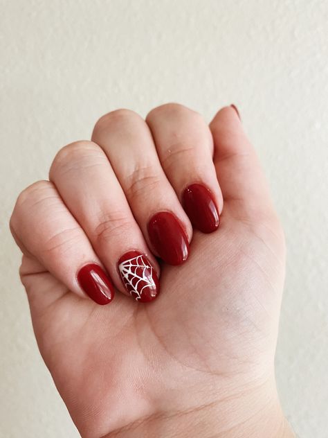 Red halloween nails with white spiderweb details Red Spider Nails Acrylic, Red Nail Halloween, Simple Halloween Nails Spider Webs, Halloween Nails Red And White, Halloween Red Nails Design, Red Halloween Nails Short, Red Nails With Spiderweb, Red Spiderweb Nails, Red Spider Web Nails