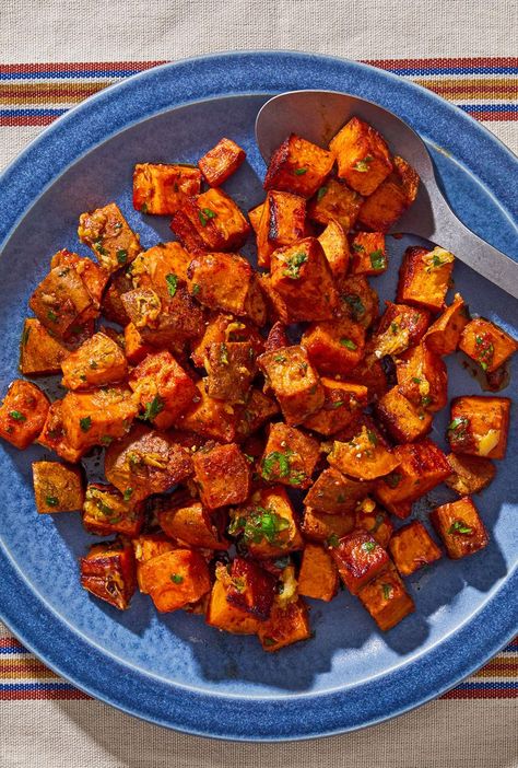 Roasted Garlic-Butter Sweet Potatoes Is the Most Delicious Way to Eat Sweet Potatoes Over Roasted Sweet Potatoes, Garlic Butter Sweet Potato, Roasted Sweet Potato Recipes, Best Sweet Potato Recipes, Sides Dinner, Sweet Potato Roasted, Meatless Food, Veggie Side Dish, Sweet Potato Side Dish