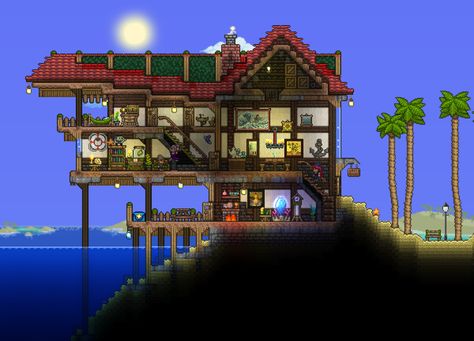 Terraria Ocean Build, Terraria Steampunk House, Terraria Storage Room, Terraria Builds Ideas, Terraria Houses, Terraria Design, Terraria Memes, Terrarium Base, Terraria House Ideas