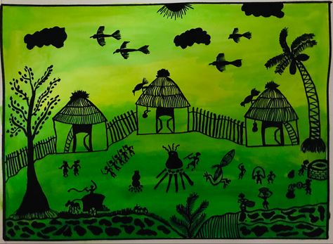 Warli art village scene acrylic paintings Warli Art Designs, Warli Designs, Warli Print, Night Scene Painting, Cover Page For Project, Worli Painting, Warli Painting, Gond Art, Composition Painting