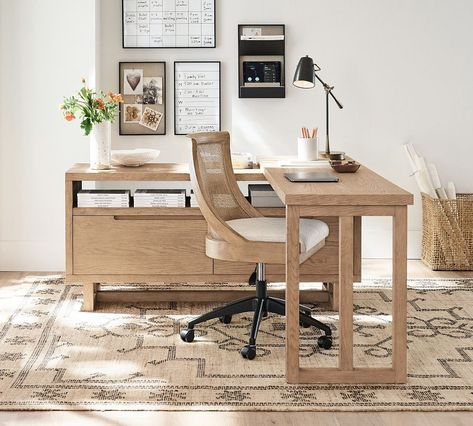 Portola L-Shape Rotating Desk | Pottery Barn Desk Chair Black, Pottery Barn Desk, Rotating Desk, Organized Person, Swivel Desk Chair, Swivel Desk, Swivel Chair Desk, Desk In Living Room, Desk Accessories Office