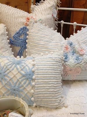 A Cottage Muse Pillows From Chenille Bedspread, Chenille Projects, Repurposed Linens, Diy Shabby Chic Furniture, Chenille Quilt, Chenille Crafts, Pillows Blue, Chenille Blanket, Shabby Chic Pillows