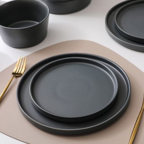 Stone Lain Celina Stoneware 12-Piece Dinnerware Set, 2B, Black, Service For 4, 9-inch Pasta Bowl New Apartment Essentials, Matte Plates, Assiette Design, Kitchen Decor Collections, Modern Plates, Dishware Sets, Fusion Restaurant, Grey Plates, Plates And Bowls Set