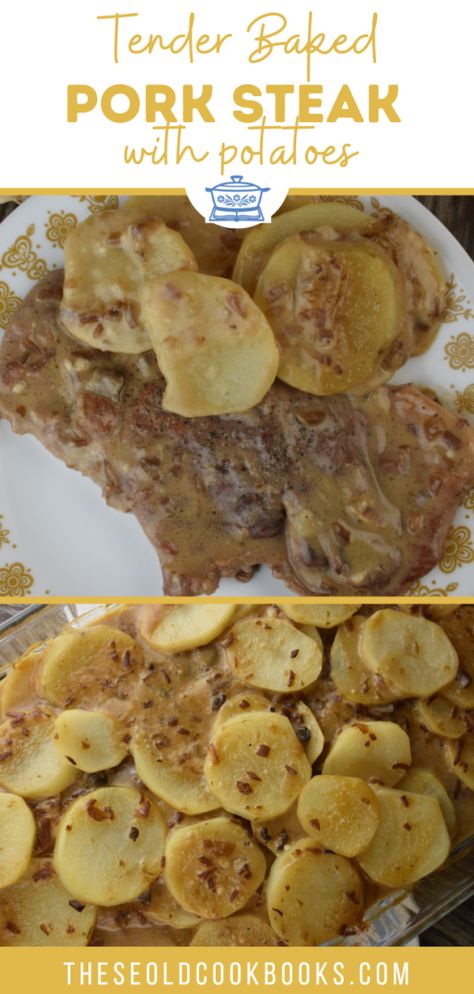 Pork Steak And Potatoes Recipes, Pork Potatoes Recipe, Pork Steak Casserole Recipes, Cubed Pork Steaks Recipes, Cubed Steak And Potatoes, Pork Chop Steaks Recipes, Pork Minute Steak Recipes, Pork Steak Meals Dinners, Smothered Pork Chops With Potatoes