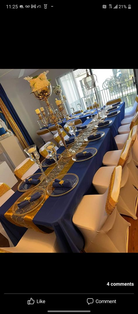 50th Birthday Blue And Gold, Navy Blue And Gold Quinceanera Theme, Royal Blue And Gold Party Decorations, Royal Blue And Gold Wedding Decorations, Blue Gold Party, Gold Quinceanera Theme, Blue Birthday Themes, Masquerade Party Themes, Boo Party