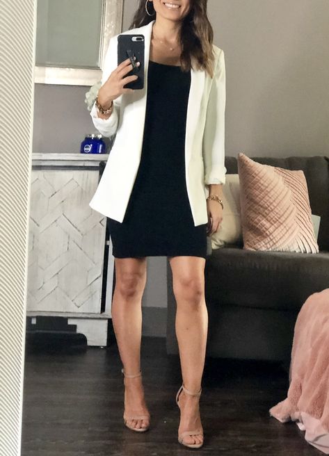 White Blazer Black Dress, Black Dress With White Blazer, Black Dress With Suit Jacket, Business Dress With Blazer, Black Dress Interview Outfit, Black Dress White Jacket, Skirt And Blazer Outfit Business, Black Dress White Blazer, Dress Under Blazer