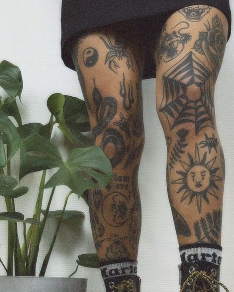 Leg Tattoo Placement Ideas Men, Traditional Tattoo Shin, Men’s Knee Tattoo, Leg Patchwork Tattoo Men, Feet Tattoos For Men, American Traditional Leg Tattoo, June Tattoos, American Traditional Leg Sleeve, Scattered Tattoos