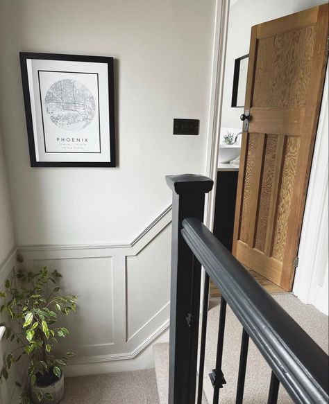 Hall Stairs And Landing Decor, Ammonite Paint, Edwardian Hallway, Staircase Inspiration, Stairs And Hallway Ideas, Landing Decor, Stair Paneling, Entrance Hall Decor, Staircase Interior Design