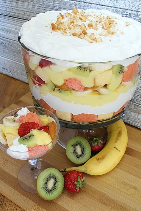 Enjoy the beauty of a colorful layered dessert that tastes as good as it looks. The different textures of cake, creamy vanilla pudding, and crunchy Nilla wafers add to the delight. To further send our taste buds over the edge, throw in some fresh strawberries, kiwi, and bananas. As pretty as it is, this Strawberry Kiwi Trifle is usually the first dish empty on the dessert table. #trifle #strawberrykiwitrifle #strawberrykiwirecipes #strawberryrecipes #comfortfood #dessertrecipes #easytriflerecipe Fresh Fruit Trifle, Strawberry Kiwi Dessert, Fruit Trifle Recipes Custard, Strawberry And Kiwi Cake, Berry Trifle With Vanilla Pudding, Trifle Recipes Easy, Kiwi Cake, Trifle Cake, Strawberry Cupcake Recipes