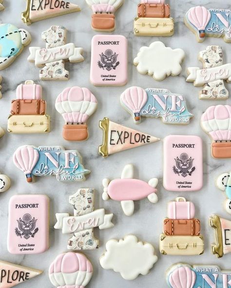 The Sugar Cookie Studio on Instagram: "“What a Wonderful World” , Travel Themed First Birthday! 🧳  #decoratedsugarcookies #royalicingcookies #firstbirthdaycookies #houstoncookies #cookiesofinstagram #travelcookies #travel #birthdaycookies" 1st Birthday Travel Theme, What A Onederful World Birthday Girl, What A Wonderful World Birthday Party, Travel Theme First Birthday, Wonderful World Birthday, What A Onederful World Birthday, Travel Themed Birthday Party, First Birthday Cookies, Sugar Cookie Cakes