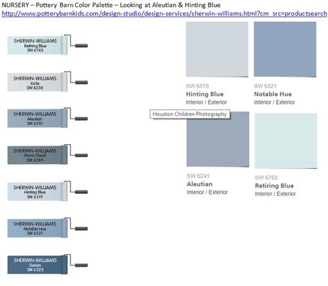 NURSERY – Pottery Barn Color Palette – Looking at Aleutian & Hinting Blue http://www.potterybarnkids.com/design-studio/design-services/sherwin-williams.html?cm_src=productsearch Aleutian Color Palette, Sw Aleutian, Nautical Theme Nursery Boy, Sherwin Williams Storm Cloud, Nursery Pottery, Pottery Barn Colors, Cottage Exterior Colors, Blue Grey Walls, Baths Interior