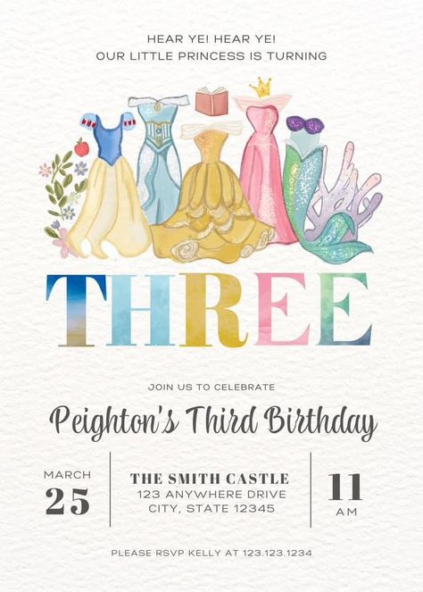 Disney Princesses Birthday Invitation, Disney Three Year Old Birthday, Modern Princess Party Ideas, Disney Princess Bday Party Ideas, Third Birthday Princess Theme, Disney Princesses Party Ideas, 3rd Birthday Party Princess, Princess Party Three Year Old, Disney Princess Second Birthday Party