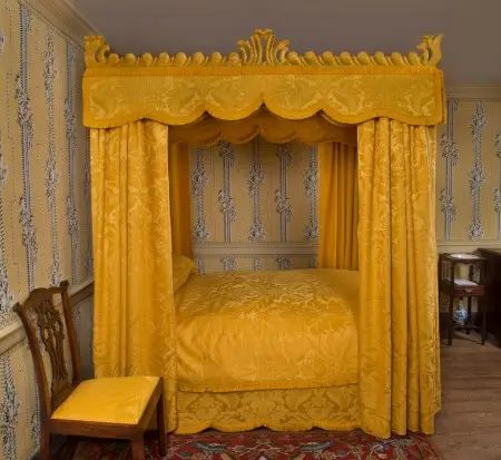 Paper Hangings, Rice Bed, Damask Bedding, Wilton Carpet, Block Print Wallpaper, Printed Wallpaper, Bed Ensemble, Plain Curtains, Yellow Room