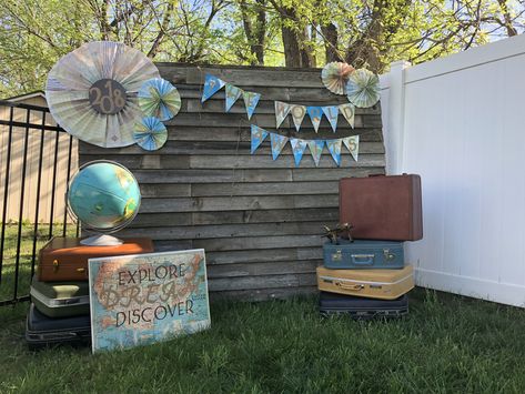 Travel Backdrop Photo Booths, Travel Photo Backdrop, Go Change The World Graduation Party, Travel Theme Photo Backdrop, Let The Adventure Begin Graduation Party, Vintage Graduation Party Ideas, Travel Graduation Party, Adventure Graduation Party, Travel Theme Graduation Party