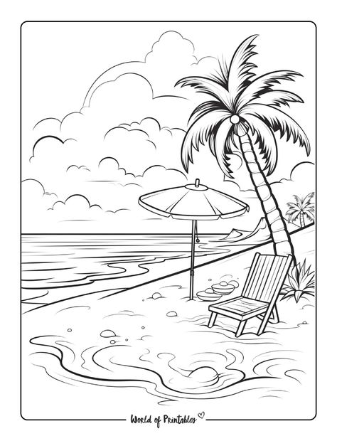 Beach Illustration Drawing, How To Draw Beach, Mom Coloring Pages, Beach Coloring Pages, Summer Drawings, Summer Art Projects, Beach Drawing, Easy Drawings Sketches, Canvas Painting Diy