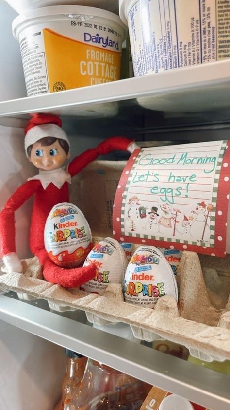 Elf With Kinder Egg, Elf On The Shelf Ideas Kinder Egg, Kinder Egg Elf On The Shelf, Elf Kinder Egg, Elf Treats For Kids, Elf On The Shelf Kinder Egg, Elf On The Shelf First Day Ideas, Elf On The Shelf Disney Ideas, Elf On The Shelf For Older Kids