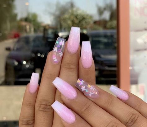 Pink ombré nails with butterflies Juicy Nails, Butterflies Nails Acrylics, Purple Ombre Nails, Extension Nails, Opal Nails, Pink Ombre Nails, Lavender Nails, Ombre Acrylic Nails, Design Page