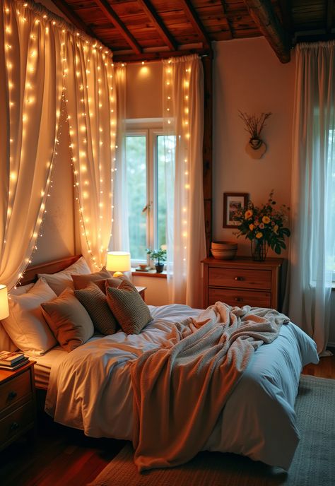 Boho Bedroom with Curtain Lights Twinkle Light Curtain Bedroom, Curtain Accent Wall Bedroom, Bedroom Fairy Lights Ideas, Light Curtains Bedroom, Twinkle Lights Bedroom, Warm Bedroom Decor, Strawberry House, Hanging Bedroom Lights, Earthy Decor