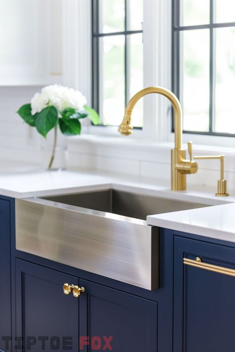 white countertops gold faucet stainless steel farmhouse sink navy blue kitchen cabinets Farmhouse Kitchen Faucet Ideas, Farmhouse Sink Ideas, Kitchen Faucet Ideas, Barn Sink, Steel Farmhouse Sink, Navy Blue Kitchen Cabinets, Gold Kitchen Faucet, Stainless Steel Farmhouse Sink, Modern Kitchen Faucet