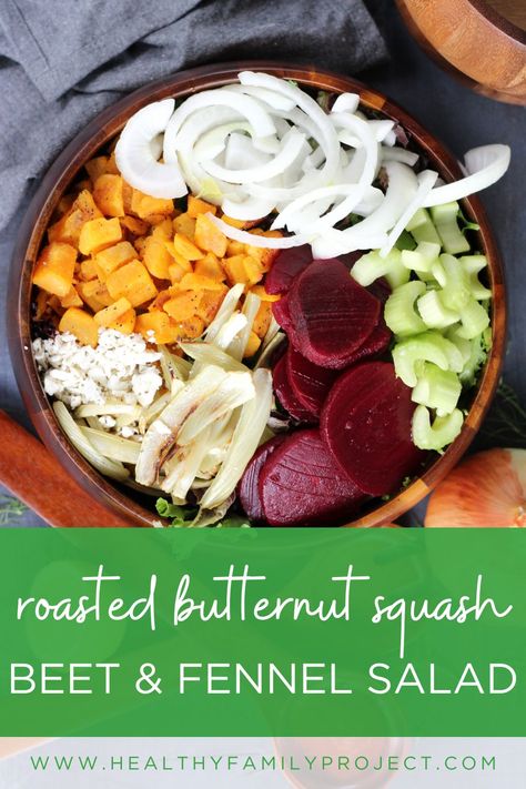 Roasted Butternut Squash Beet and Fennel Salad | Looking for a hearty fall salad? This Fall Harvest Salad with roasted butternut squash, beets, and RealSweet Onions is perfect for any meal! Healthy, delicious, and packed with flavor. | Healthy Family Project #FallSalad #HarvestSalad #HealthyEating #FallRecipes Salad With Roasted Butternut Squash, Salad Winter, Lush Desserts, Salad With Beets, Roasting Beets In Oven, Fall Harvest Salad, Fall Salads, Jar Salads, Fall Salad