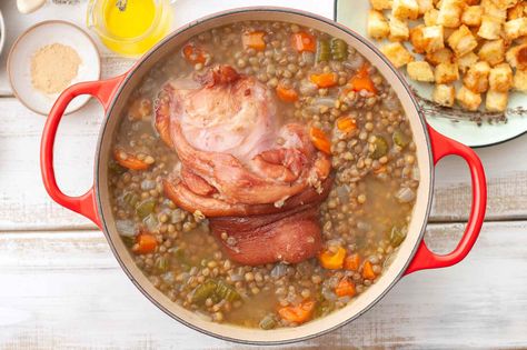 Lentil And Ham Soup Recipe, Lentil Soup With Ham, Lentil Soup Crockpot, Crockpot Lentil Soup, Bone Recipes, Ham Bone Soup Recipes, Ham Bone Recipes, Slow Cooked Ham, Ham And Lentil Soup