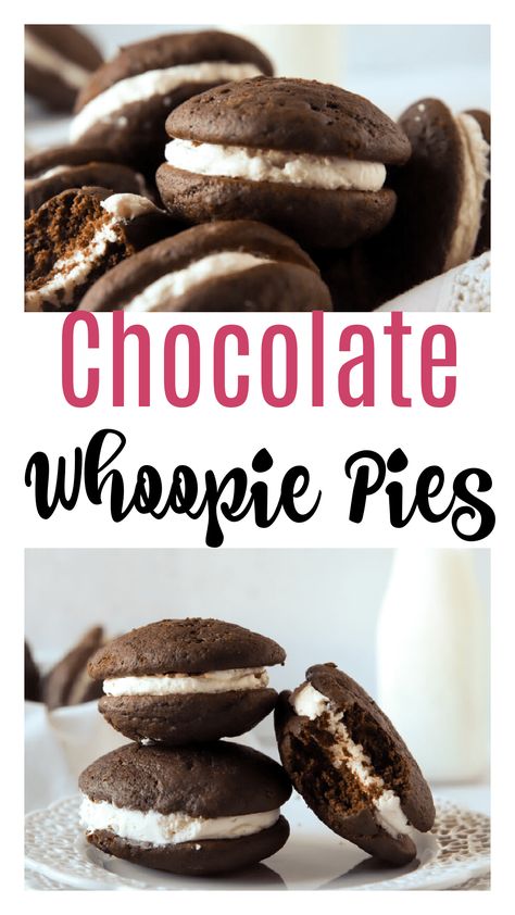 These chocolate whoopie pies are the perfect dessert sandwich with two fluffy chocolate cake rounds, with a creamy vanilla buttercream frosting in the middle. Made with buttermilk to keep them moist, and a hint of espresso powder to bring out the chocolate flavor, you won't be able to resist these whoopie pies! Fluffy Chocolate Cake, Dessert Sandwich, Whoopie Pie Recipe, Chocolate Whoopie Pies, Cottage Coastal, Whoopie Pie, Whoopie Pies, Triple Chocolate, Chocolate Craving