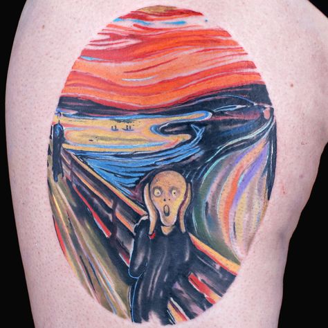 The Scream Tattoo by Craig Foster The Scream Tattoo, The Scream Painting, Scream Tattoo, Scream Painting, Ink Master Tattoos, The Scream, Painting Tattoo, Famous Artwork, Leg Tattoo