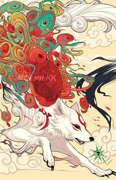 look another okami fanart by CaptainPeppiCola Inari Okami Art, Yokai Aesthetic, Japan Art Illustration, Kitsune Illustration, Japanese Creatures, Japanese Folklore, Japanese Artwork, Japon Illustration, Mythical Creatures Art