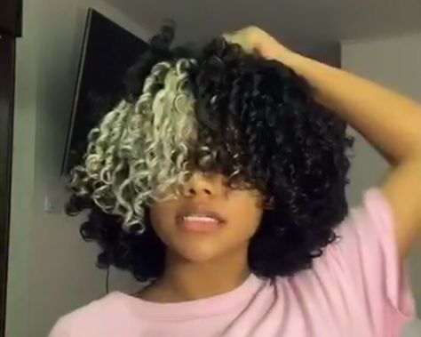 Part Bleached Hair Curly, Skunk Hairstyle, Afro Hair Dye, Colored Bangs, Dyed Bangs, 3c Curly Hair, Braided Dreadlocks, Dyed Curly Hair, Hair Streaks