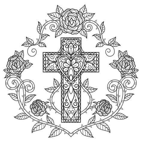 Cross and rose hand drawn for adult coloring book Rosa Vector, Rosas Vector, Bible Verse Coloring Page, Bible Verse Coloring, Rosé Hands, Cute Coloring Pages, Color Pages, Adult Coloring Books, Coloring Sheets