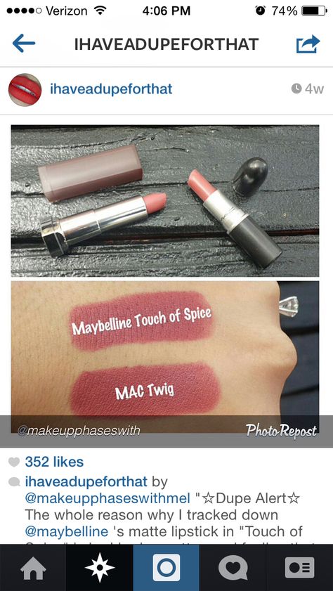 Mac Twig Vs Maybelline Touch Of Spice #MacDupe Maybelline Touch Of Spice, Lip Accessories, Velvet Teddy Mac, Mac Twig, Mac Shades, Mac Velvet Teddy, Budget Makeup, Drugstore Lipstick, Touch Of Spice