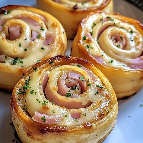 Hot And Cheesy Ham And Cheese Pinwheels, Ham Swiss Pinwheels, Savory Shower Food, Ham And Cheese Puffed Pastry Pinwheels, Sliced Ham Appetizers, Hot Ham And Cheese Pinwheels, Ham Pinwheel Recipes, Appetizer With Ham, Ham Rollups Appetizers