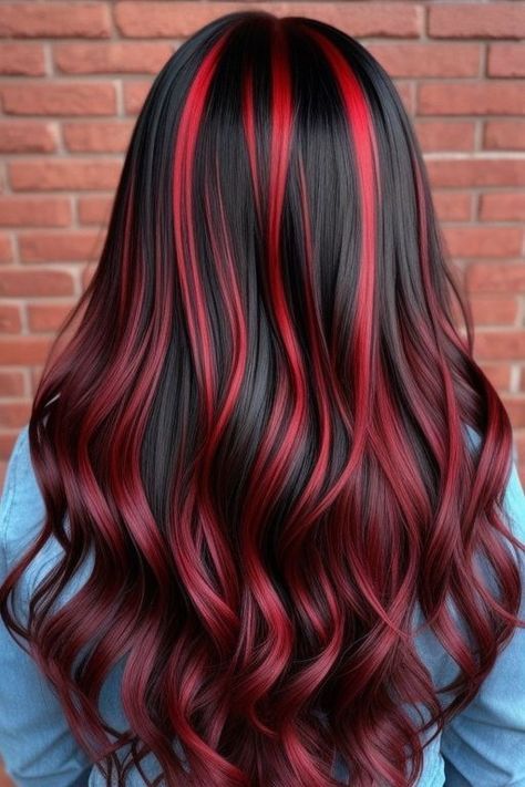 Black And Red Highlights Hair, Cute Color Hair Ideas, Unique Hair Color Ideas For Black Hair, Red Hair On Brunette, Red Hair Color Ideas For Brunettes, Dyed Hair Ideas For Brunettes, Red Hair Ideas For Brunettes, Black And Red Hair Ideas, Hair Dye Patterns