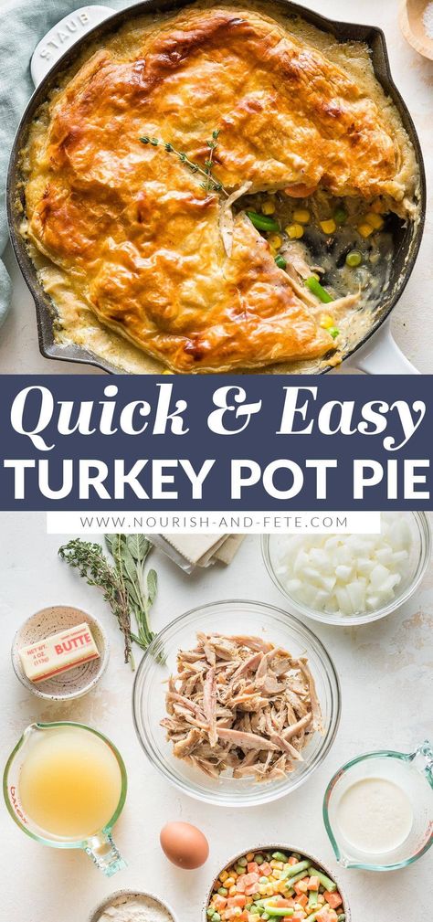 Make this no-fuss Turkey Pot Pie with flaky puff pastry to transform leftover turkey into a delicious dinner that feels new. Or, make it with shredded roasted or rotisserie chicken for easy anytime comfort food. Turkey Pot Pie Filling Recipe, Turkey Pot Pie Puff Pastry, Turkey Pot Pie Recipe Easy, Easy Turkey Pot Pie Recipe, 3 Ingredient Chicken Recipes, Pot Pie With Puff Pastry, Turkey Pot Pie Easy, Pie With Puff Pastry, Pot Pie Recipe Easy