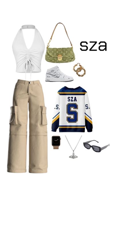 Sza Core Outfits, Sza Concert Outfit Ideas 2023, Sza Outfit Ideas, Sza Jersey Outfit, Sza Concert Fits, Sza Tour Outfit, Sza Style Outfits, Sza Inspo Outfits, Sza Outfits Street Styles