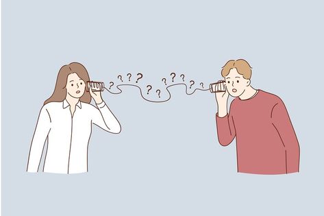 Misunderstanding, communication problems, questions concept. Man and woman couple cartoon characters having troubles in communication trying to hear each other with glasses and wire illustration Couple Cartoon Characters, Couple Laughing, Illustration Story, Communication Problems, Hugging Couple, Communication Art, Couple Illustration, Flower Background Wallpaper, Fun Couple