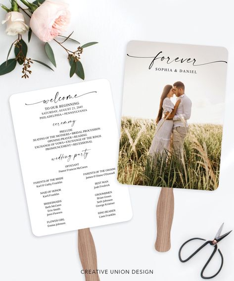 "These wedding fan programs are perfect for any wedding budget! Easy to edit, print & assmble! PLEASE NOTE: This purchase is for a digital template. No physical item will be shipped. * * * * * HOW TO ASSEMBLE VIDEO * * * * * https://youtu.be/_lTMlNSocrY * * * * * TRY BEFORE YOU BUY * * * * * https://www.corjl.com/d/546NK8 * * * * * MATCHING ITEMS * * * * * Create your own package! Go to our shop home page and search: Bohemian Script Or simply click here: https://tidd.ly/3A2I54t * * * * * HOW IT Fan Programs Wedding Diy, Wedding Ceremony Cards Program, Wedding Itinerary Fan, Paper Fans For Wedding, Wedding Fans Programs, Diy Wedding Fans For Guests, Handheld Fans For Wedding, Fan Programs Wedding, Wedding Fans For Guests Diy