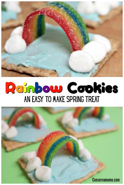 These Sweet Rainbow Cookies will brighten up even the rainiest of days. Check out how fun and easy it is to make this  Spring Treat! Spring Food Crafts, Spring Snacks, Rainbow Snacks, Rainbow Treats, Spring Treats, St Patricks Day Crafts For Kids, Rainbow Cookies, Mom Friends, Spring Cookies