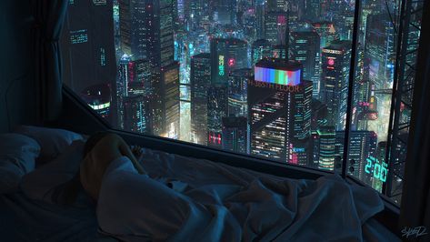 #Girl #Night The city #Window #Bed #City #Sleep #night #Illustration #futuristic #Cyberpunk #scifi Tony Skeor by Tony Skeor 2:00 AM #2118 #1080P #wallpaper #hdwallpaper #desktop Dystopian Apartment, Apartment Artwork, Kota Masa Depan, Cyberpunk Apartment, Cyberpunk Room, Art Cyberpunk, High Rise Apartments, Neo Tokyo, New Retro Wave