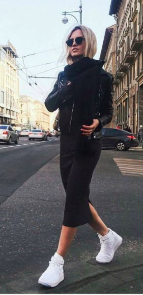 long black dress + leather jacket + white sneakers Tight Black Dress Outfit, Black Dress Leather Jacket, White Sneakers Dress, Long Tight Black Dress, Leather Sneakers Outfit, Black Dress Leather, Dress White Sneakers, Aeroplane Outfit, Tight Skirt Outfit