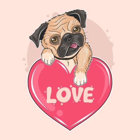 Cute pug dog holding a love heart Active Wallpaper, Pug Photos, Dog Valentine, Owl Valentines, Face Artwork, Baby Heart, Pug Art, Halloween Artwork, Dog Valentines