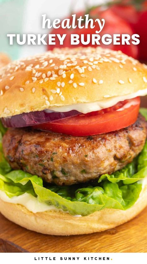 Healthy homemade turkey burgers. They're juicy, tender, and perfect for grilling or stovetop cooking! Turkey Burgers In The Oven, Healthy Turkey Burgers, Turkey Burger Seasoning, Turkey Burger Recipes Healthy, Homemade Turkey Burgers, Burgers On The Stove, Healthy Main Meals, Turkey Patties, Grilled Asparagus Recipes