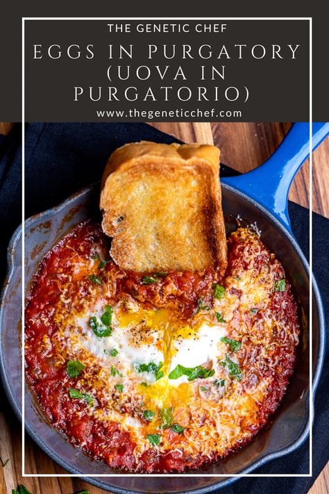 Eggs In Purgatory are eggs poached in a thick, flavorful and quick tomato sauce. It’s a simple and economical Italian dish that can be enjoyed for a special breakfast, lunch, or dinner. Serve with a hunk of toasted Italian bread for dipping and you’re in heaven - not purgatory! #eggsinpurgatory #eggs #breakfast #lunch #dinner #healthy #oneskilletmeals #Italianrecipes | @thegeneticchef Italian Egg Sandwich, Italian Eggs In Tomato Sauce, Italian Breakfast Recipes Authentic, Eggs In Purgatory Recipe, Eggs Tomato Sauce, Italian Baked Eggs, Quick Tomato Sauce, Italian Breakfast Recipes, Eggs Poached