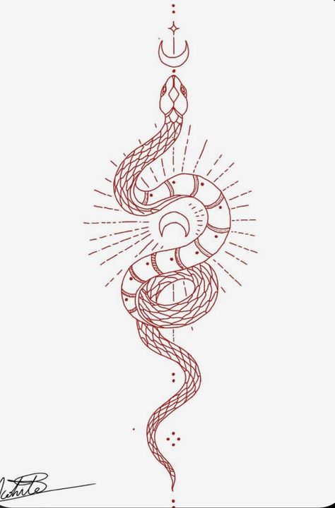 Snake And Moon Back Tattoo, Snake Tattoos Geometric, Snake On Back Tattoo Women, Tattoo Ideas With Snakes, Snake Words Tattoo, Snake Tattoo Down Spine, Unique Snake Tattoo Design, Serpent Back Tattoo Women, Snake Tattoo With Moon