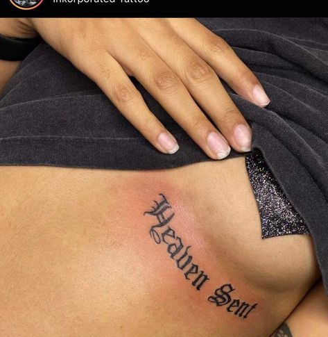 Mini Neck Tattoos Women, Rare Tramp Stamp, Tramp Stamp Words, Inner Ankle Tattoos For Women, Simple Chest Tattoos Female, Classy Tramp Stamp, Tramp Stamp Tattoos Black Women, Heaven Sent Tattoo, Small Tramp Stamp Tattoos