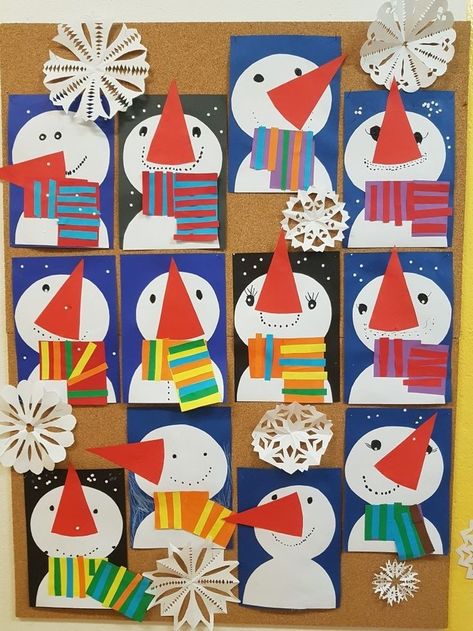 January Art Crafts For Kids, January Projects For Preschoolers, Snowman Crafts Kindergarten, Prek Winter Art, January Prek Crafts, Winter Bulletin Boards Kindergarten, Winter Kindergarten Art, Winter Preschool Bulletin Boards, Snow Bulletin Board Ideas