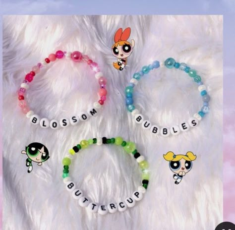 Bestie Bracelets Bead, Bubbles Powerpuff Bracelet, Bff Braclet Ideas Clay Beads, Bratz Bracelet, Power Puff Girls Bracelet, Powerpuff Girls Bracelet, Powerpuff Bracelet, Rave Candy Bracelets, Glass Bead Bracelet Ideas