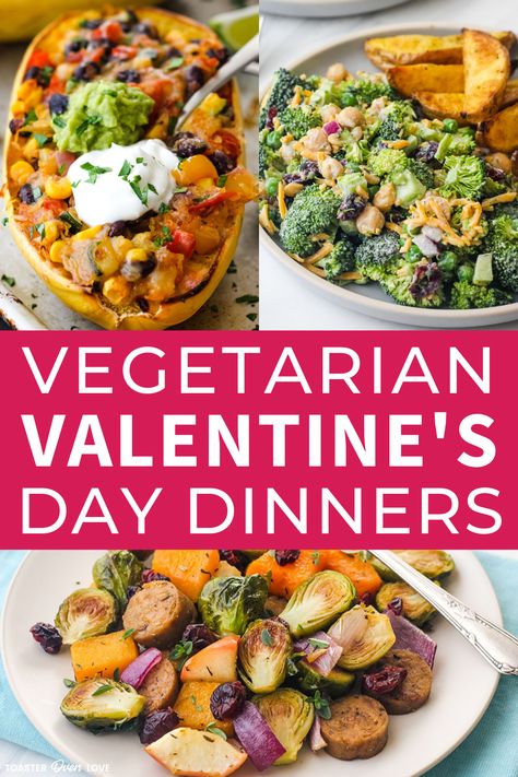 Plates of stuffed spaghetti squash, broccoli salad, and roasted veggies with vegetarian sausage. Romantic Vegetarian Dinner, Healthy Valentines Dinner, Dinner Ideas Vegetarian, Valentines Food Dinner, Night Dinner Recipes, Date Night Recipes, Romantic Meals, Romantic Dinner Recipes, Valentine Dinner